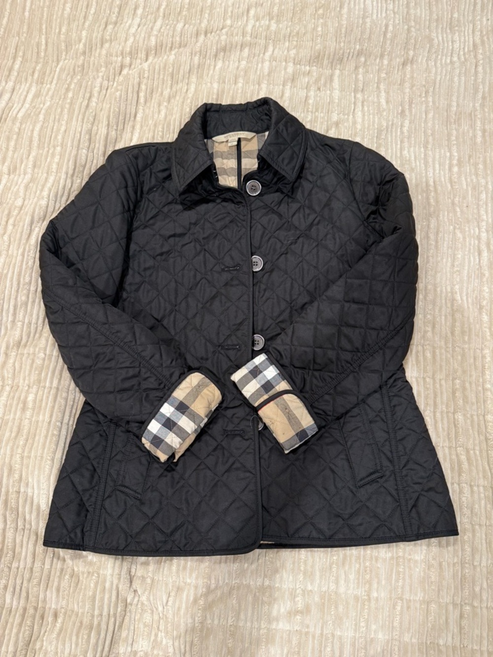 Burberry Black Quilted Jacket with Signature Check Cuff